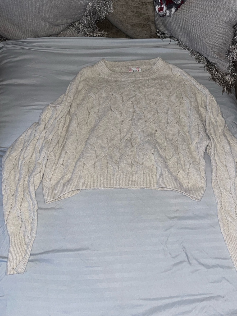 Pink Republic Cream Cable-Knit Cropped Crewneck Sweater